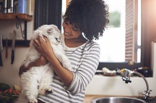 女人在厨房里抱着猫