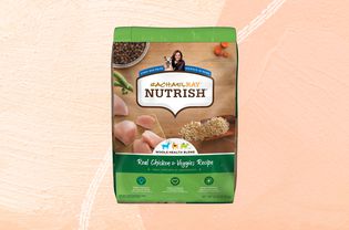 Rachael Ray Nutrish Adult Dry Dog Food on a peach background