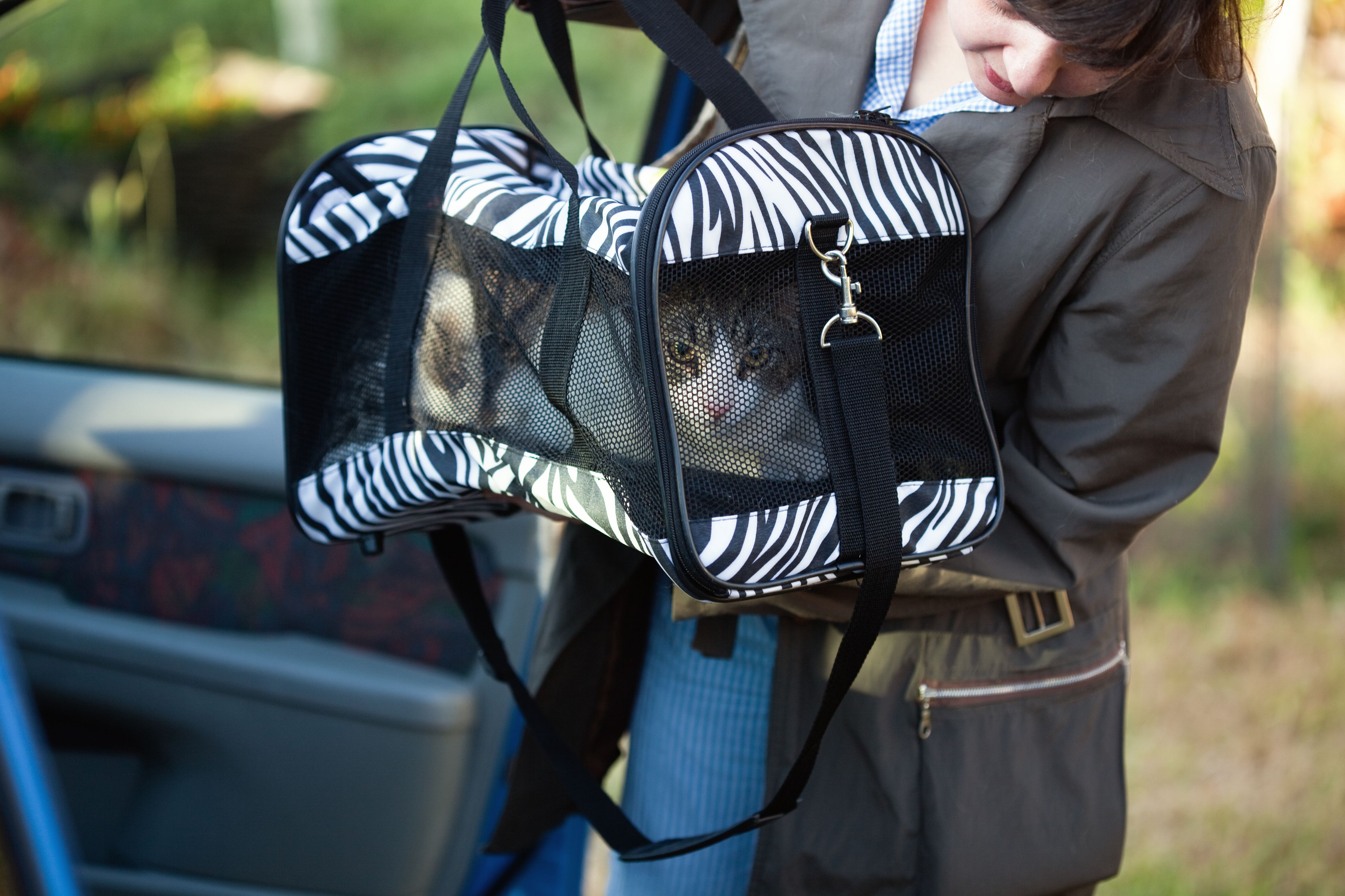 女人带着宠物笼里的猫