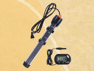 Orlushy Submersible Aquarium Heater, 200W collaged on a yellow background