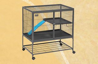 A ferret cage we recommend on a yellow background