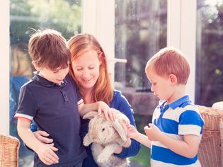 Mother and sons petting a rabbit