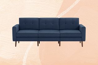 A couch for dogs we recommend on an orange and yellow background