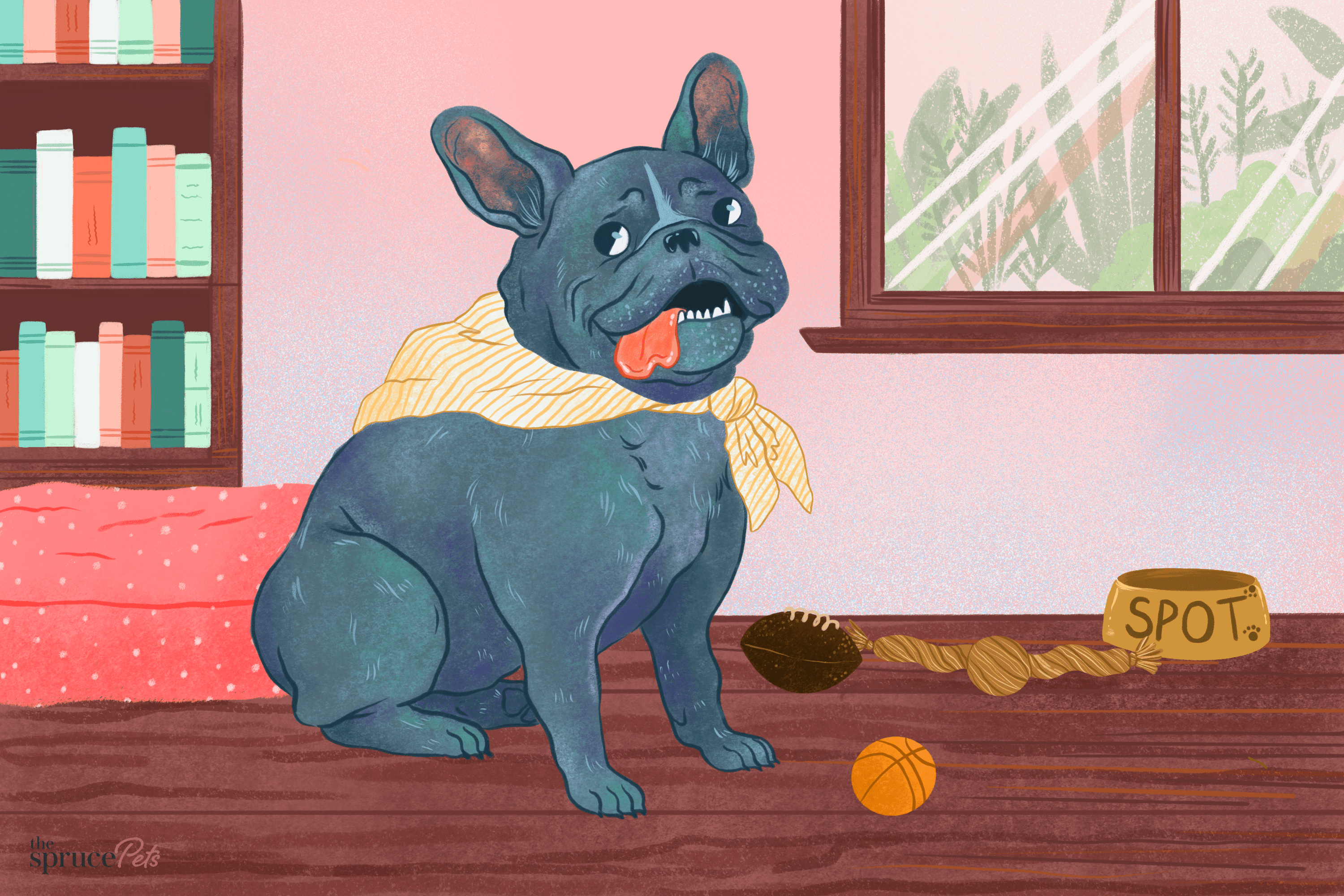 dog sitting on hardwood floors illustration